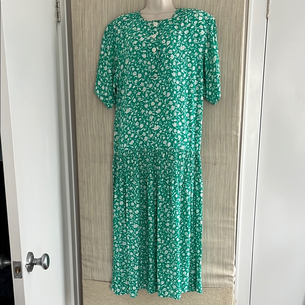 Maggy London Green Print Midi Sundress Short Sleeve Crew Neck Dress size 10